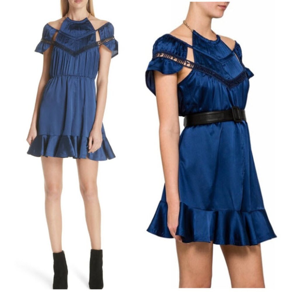 SELF-PORTRAIT Arrow Trim Satin Minidress Blue with Black Belt Size 6